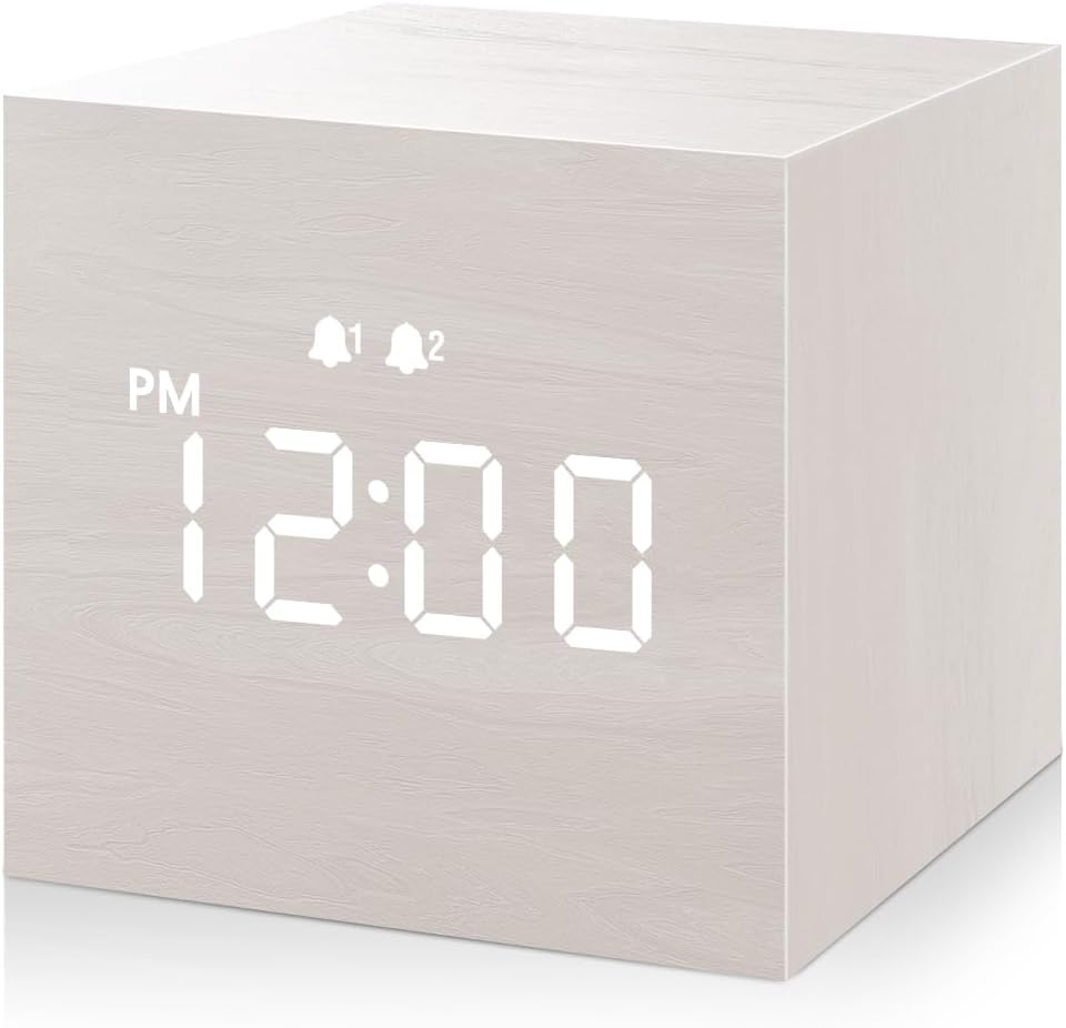 Luminellen-Wooden Cube Digital Alarm Clock LED Display USB Charging Port Adjustable Brightness Volume Desk Clock