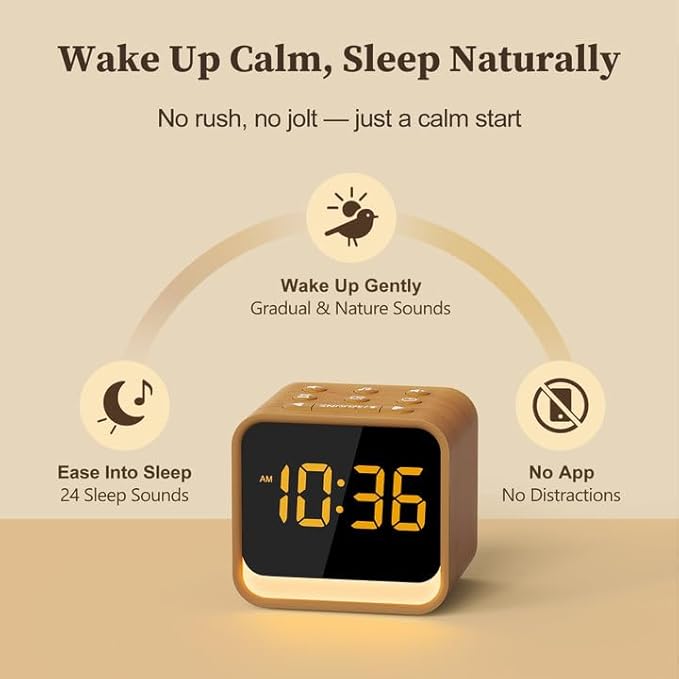 Luminellen-Wooden Sound Machine Alarm Clock for Bedrooms - Gentle Wake-Up with Birdsong, White Noise for Sleeping, Small Digital Clock for Phone-Free Routine