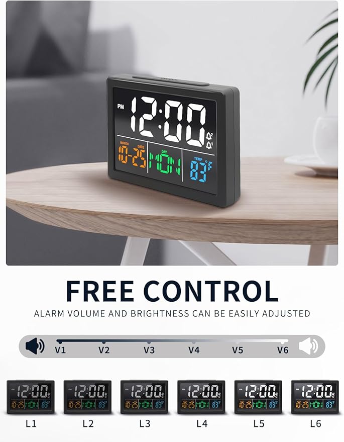 Luminellen-Digital Alarm Clock, with 5.5" Large LED Time Display, Adjustable Alarm Volume, 6 Level Brightness, Alarm Settings, USB Charger, Temperature Detect, Snooze, Clocks for Bedroom, Bedside, Desk, Black