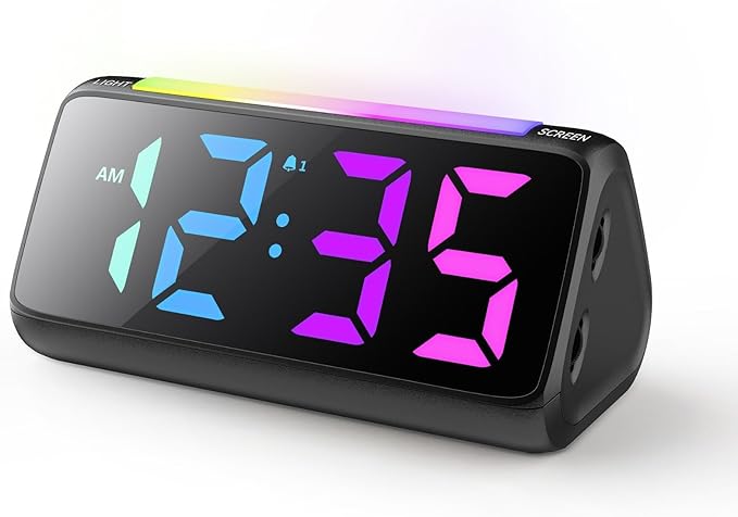 Luminellen-Super Loud Alarm Clocks for Heavy Sleepers, Digital Alarm Clocks for Bedrooms with RGB Night Light, Rainbow Time, Dual Alarm, Snooze, Plug-in (Black)