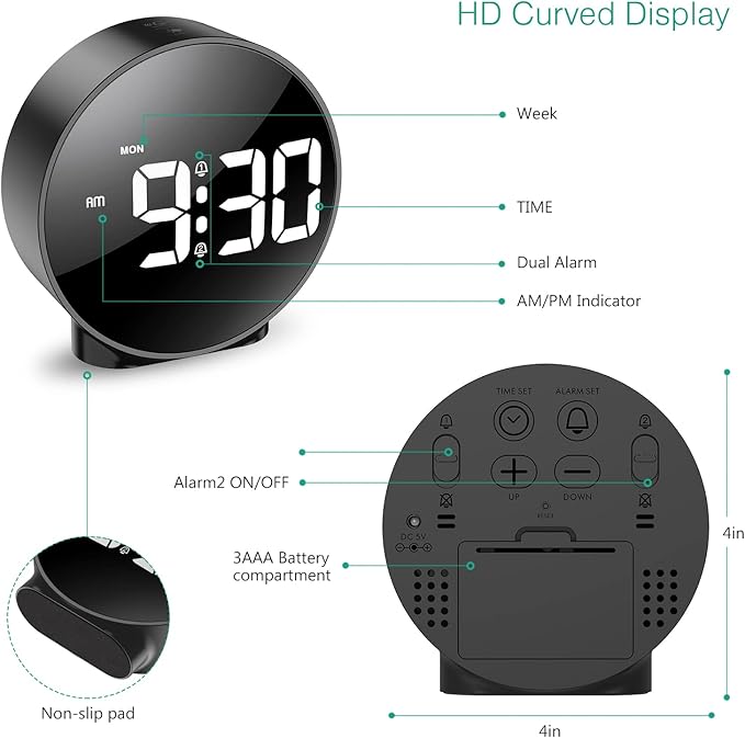 Luminellen-Digital Alarm Clock, HD LED Display Alarm Clock, Simple Table Clock, Electronic Desk Clock, Dual Alarms, 12/24Hr, 4 Adjustable Brightness for Bedroom, Office, Table, Black