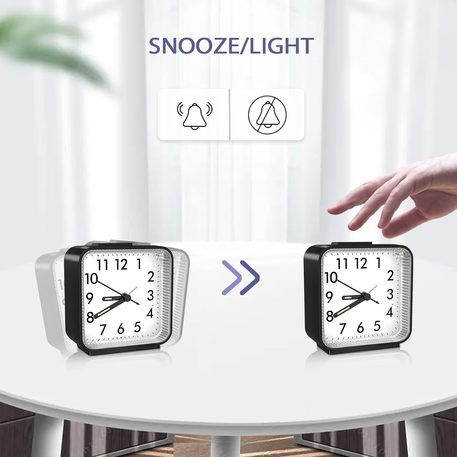 Luminellen-Silent Analog Alarm Clock with Night Light and Snooze, Square Bedside Clock
