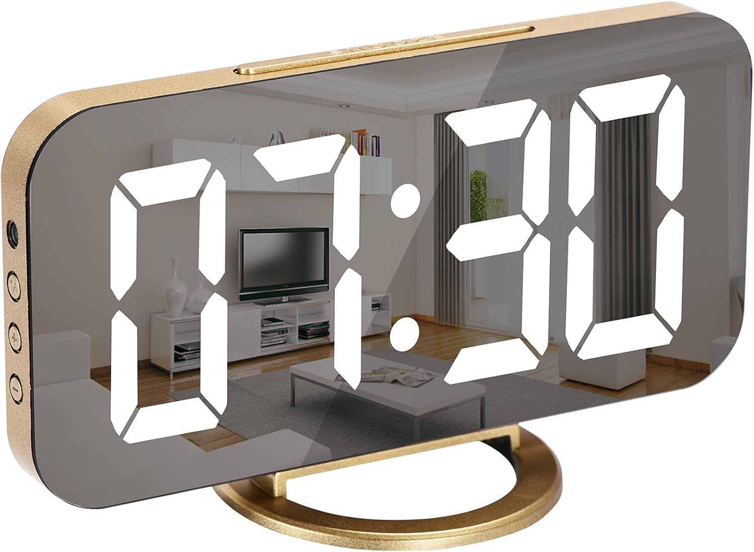Luminellen-Digital alarm clock, LED mirror desktop clock, large display screen, dual USB charging ports, 3 brightness levels, 12/24-hour format.
