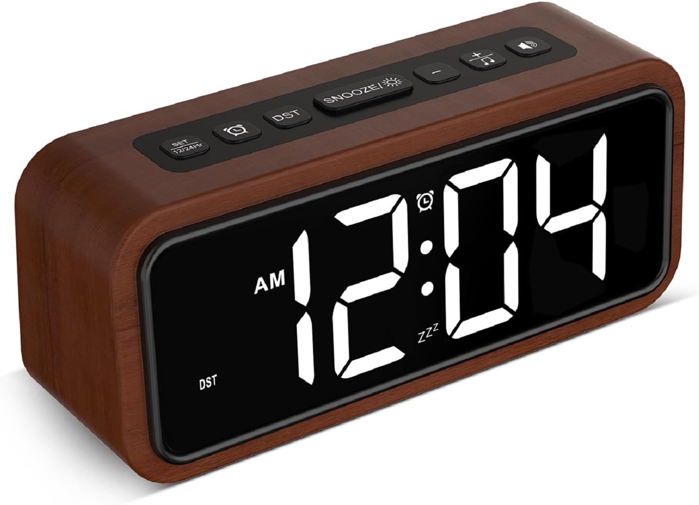 Luminellen-Wooden Alarm Clock, Loud Digital Plug-in Clock with 5 Volumes, 12 Ringtones, Manual DST, Snooze for Heavy Sleepers Bedroom Bedside Living Room Office Wood Decor