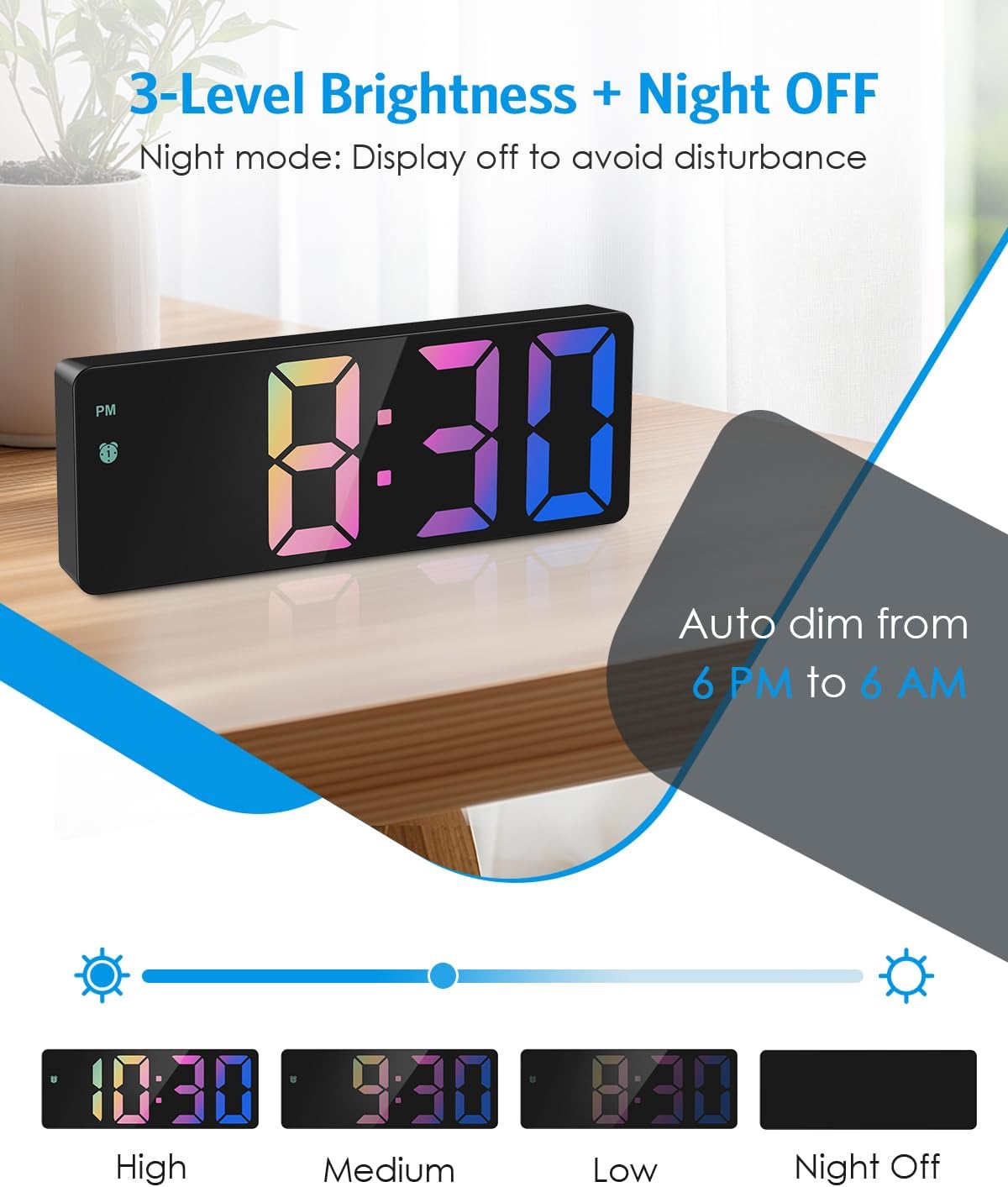 Luminellen-Large LED Digital Alarm Clock with Color Display and Adjustable Brightness
