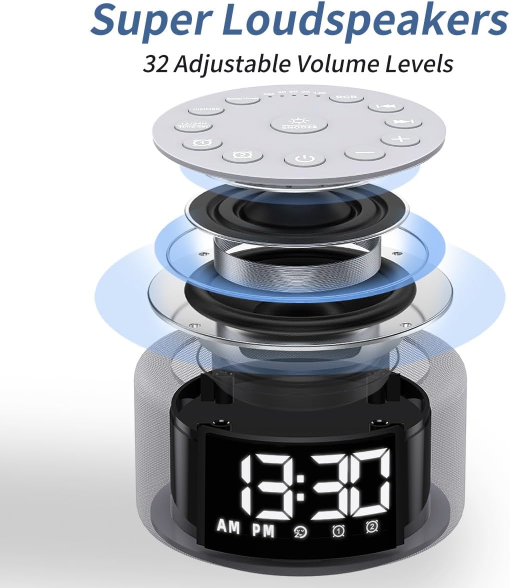 Luminellen-Sound Machine Alarm Clock Brown Noise White Noise Machine Night Light with Dual Alarms Backup Battery 30 Sleeping Sounds for Baby Kids Adults 32 Level Volume 5 Timers 15 Wake Up Sounds Memory Function