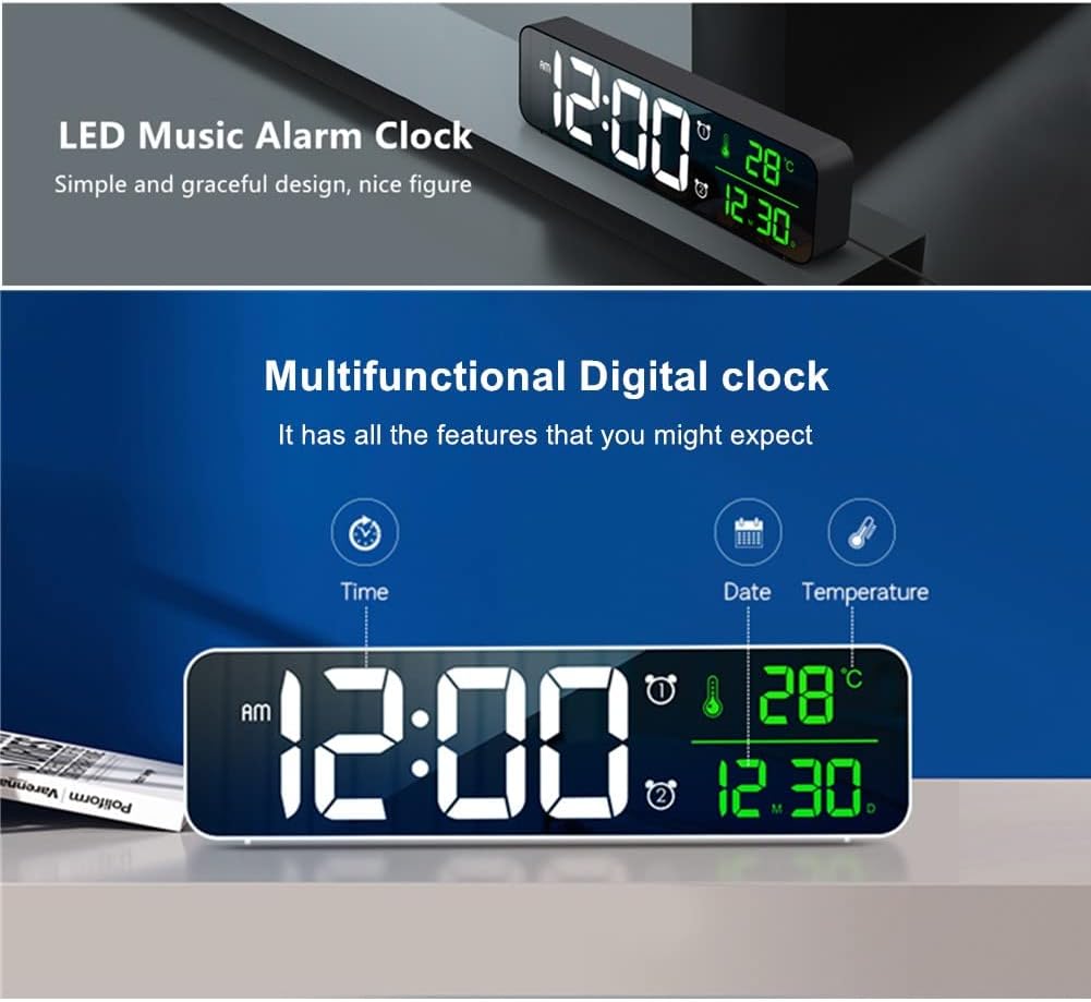 Luminellen-Digital Clock Large Display, Alarm Clock for Living Room Office Bedroom Decor, LED Corded Electric, Date Temp Display Wall Clock, Automatic Brightness Dimmer Smart Cool Modern Desk Accessories Black