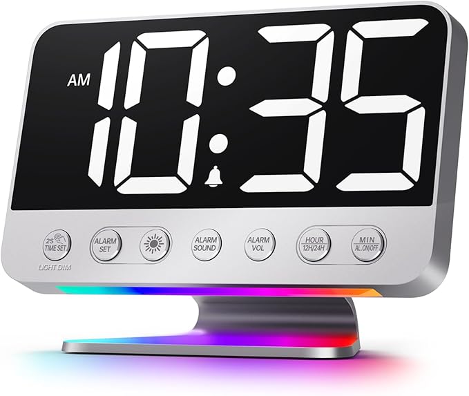 Luminellen-Digital Alarm Clocks for Bedrooms: Large Bold Number 5 Brightness Dimmer - Easy to Read Across The Room - 5 Alarm Sound 8 Night Light - Silver