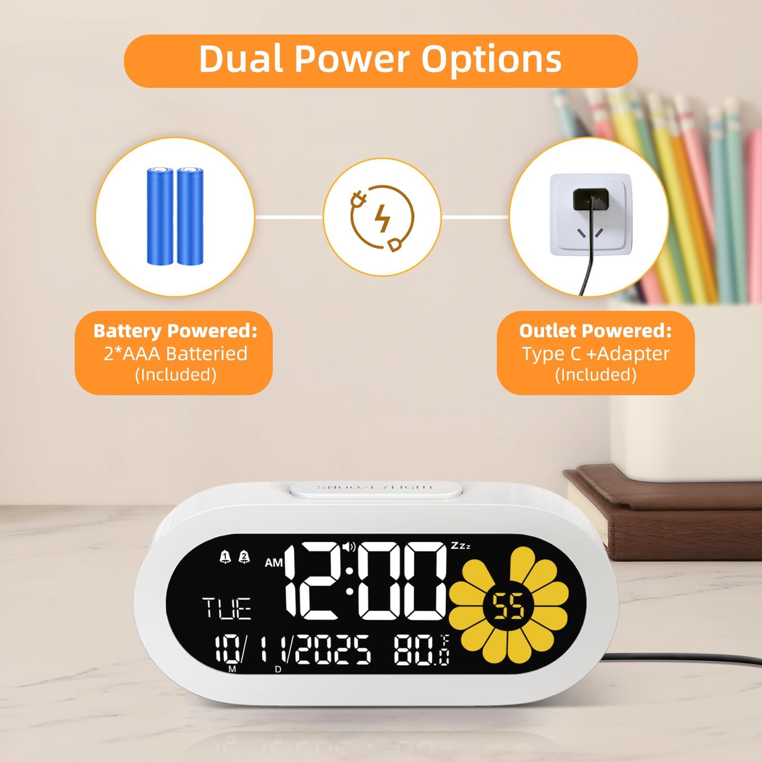 Luminellen-Digital Alarm Clock for Bedroom: Dual Alarm Bedside Clock VA LCD Display with Seconds, 9-Minute Snooze and Weekend Mode, 3 Brightness, 4 Alarms and 3 Volume Levels，Type C & Battery Included