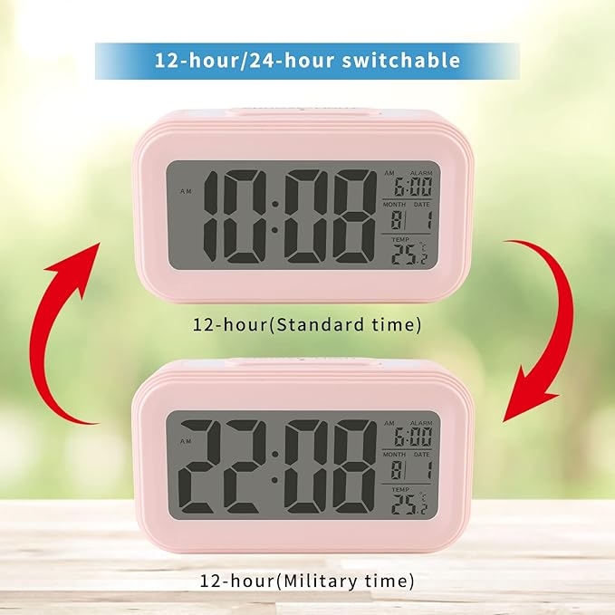 Luminellen-Digital Alarm Clock with Indoor Temperature, Battery Operated,Snooze Model,12/24H Display for Bedrooms Heavy Sleepers Kids Travel Bathroom Desk Smart Clock, Pink