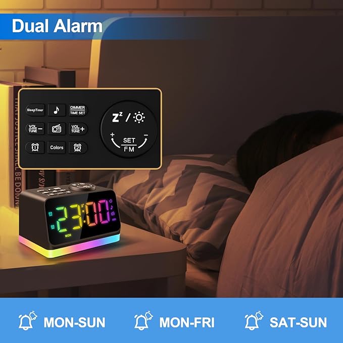 Luminellen-Digital Alarm Clock with FM Radio for Bedroom, 8 Colors Night Light with 2 Charging Port, Sleep Sound Machines with Timer, Dual Alarm, Loud Alarm and Easy to Use for Seniors and Kids as Gift