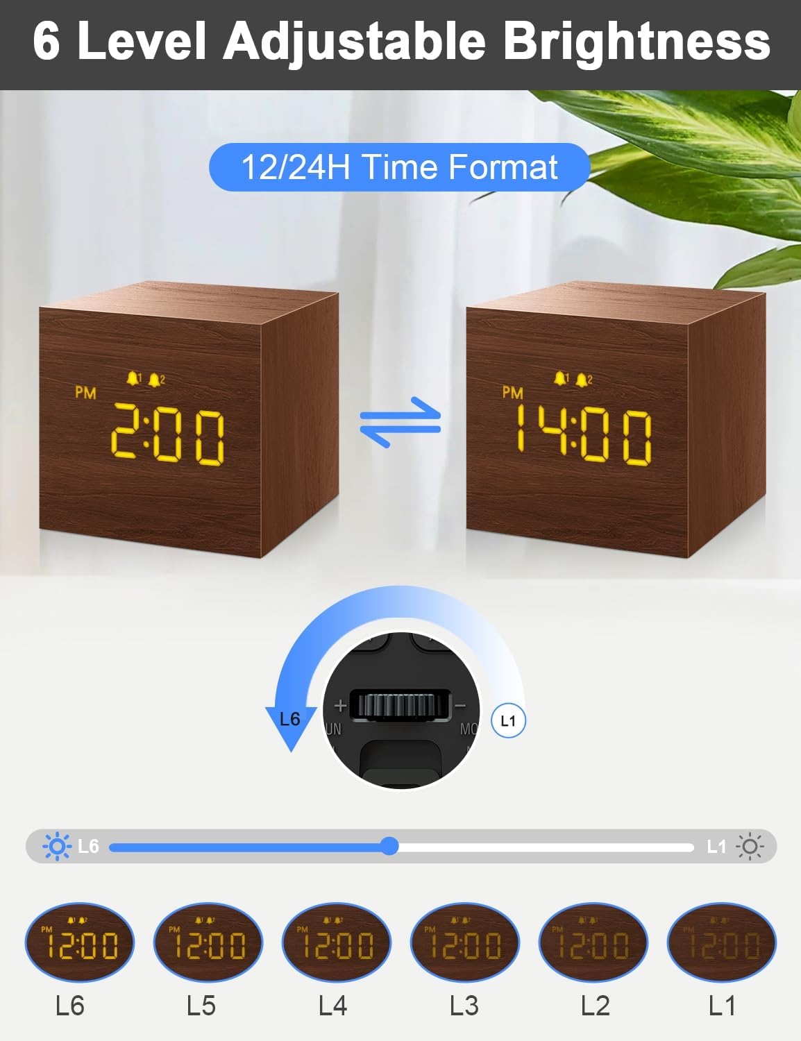 Luminellen-Wooden Cube Digital Alarm Clock LED Display USB Charging Port Adjustable Brightness Volume Desk Clock
