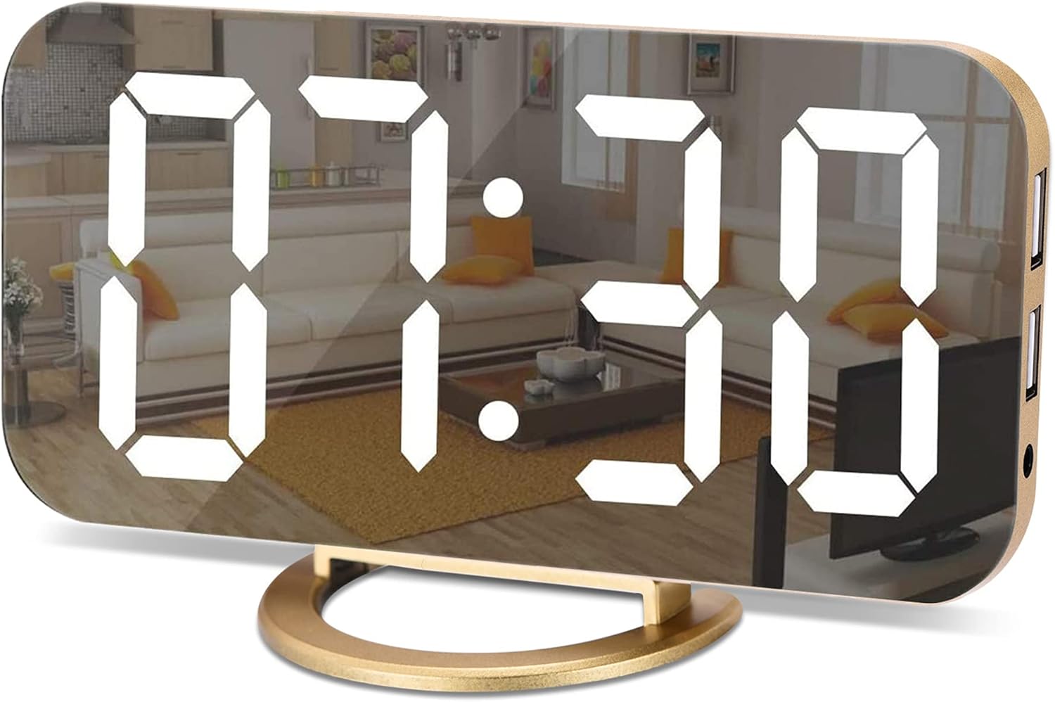 Luminellen-Digital alarm clock, LED mirror desktop clock, large display screen, dual USB charging ports, 3 brightness levels, 12/24-hour format.