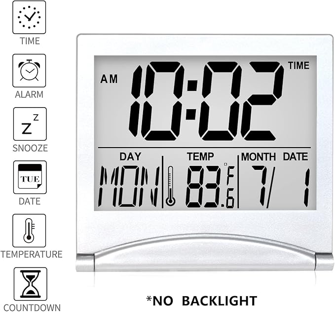 Luminellen-Digital Travel Alarm Clock - Foldable Calendar Temperature Timer LCD Clock with Snooze Mode - Large Number Display, Battery Operated - Compact Desk Clock(Silver, No Backlight)
