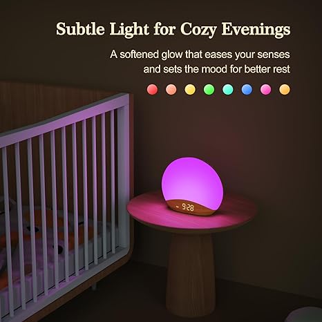 Luminellen-Wood Grain Sunrise Alarm Clock and Sound Machine Nightlight, Digital Dimmable Clock for Bedroom, 26 Sleep Sounds, White Noise Machine for Baby, Adults, Wake Up Light Alarm Clock for Kids