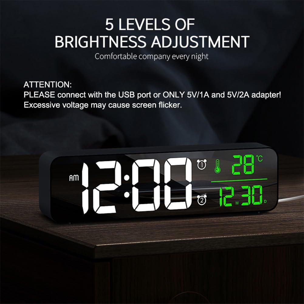 Luminellen-Digital Clock Large Display, Alarm Clock for Living Room Office Bedroom Decor, LED Corded Electric, Date Temp Display Wall Clock, Automatic Brightness Dimmer Smart Cool Modern Desk Accessories Black
