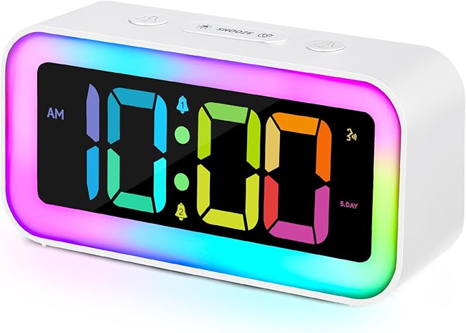 Luminellen-Loud Alarm Clock for Bedrooms with Dynamic RGB Night Light,Heavy Sleepers Adults,Dual Alarm,Dimmer,USB Charger,Small Bedside Digital Clock with Led Display for Kids,Teens,Seniors (White)
