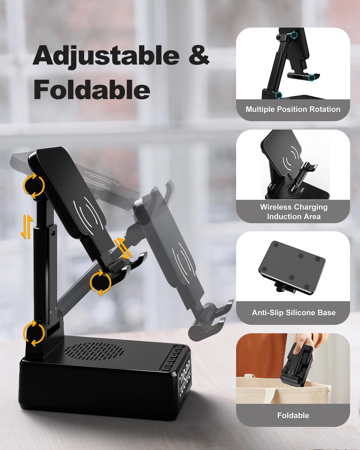 Luminellen-Wireless Charging Alarm Clock Speaker Foldable Phone Stand Adjustable Desk Charging Station