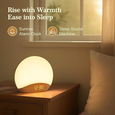 Luminellen-Wood Grain Sunrise Alarm Clock and Sound Machine Nightlight, Digital Dimmable Clock for Bedroom, 26 Sleep Sounds, White Noise Machine for Baby, Adults, Wake Up Light Alarm Clock for Kids