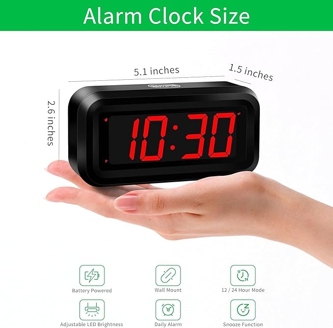 Luminellen-Alarm Clock, LED Digital Clock, Small Wall Clock, Battery Operated, Adjustable 3-Level Led Brightness, Dim Night Mode, 12/24Hr, Cordless, Constantly 1.2'' Digits Display for Bedroom/Travel,Easy to Set