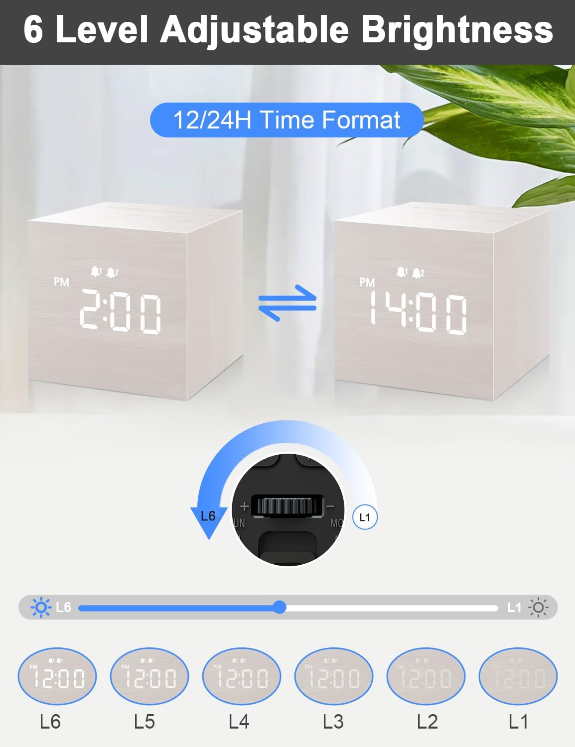 Luminellen-Wooden Cube Digital Alarm Clock LED Display USB Charging Port Adjustable Brightness Volume Desk Clock