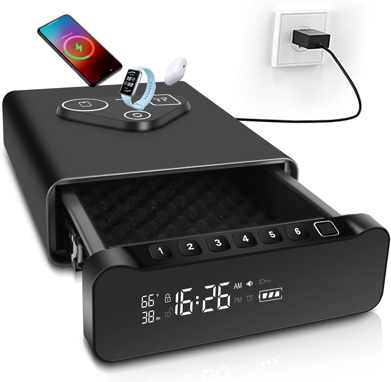 Luminellen-Wireless Charging Alarm Clock with Drawer Storage LCD Display Temperature Humidity Bedside Charging Station