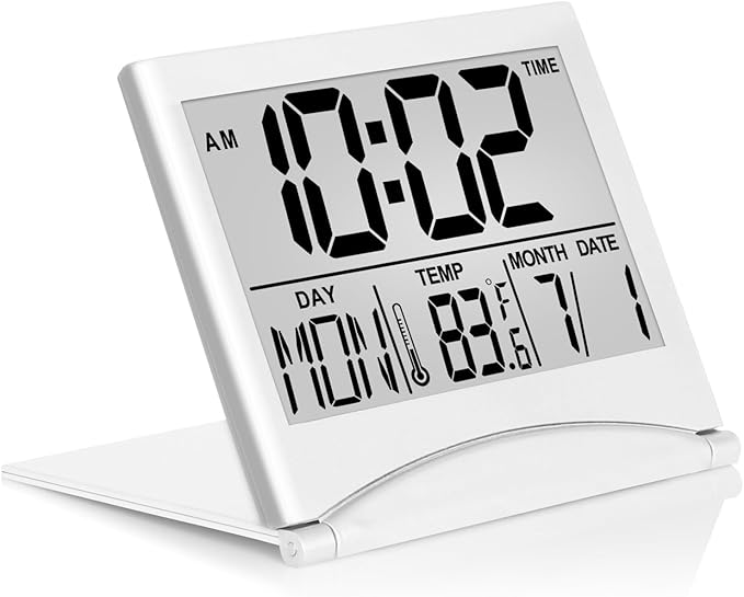 Luminellen-Digital Travel Alarm Clock - Foldable Calendar Temperature Timer LCD Clock with Snooze Mode - Large Number Display, Battery Operated - Compact Desk Clock(Silver, No Backlight)