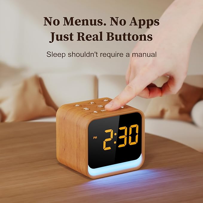 Luminellen-Wooden Sound Machine Alarm Clock for Bedrooms - Gentle Wake-Up with Birdsong, White Noise for Sleeping, Small Digital Clock for Phone-Free Routine