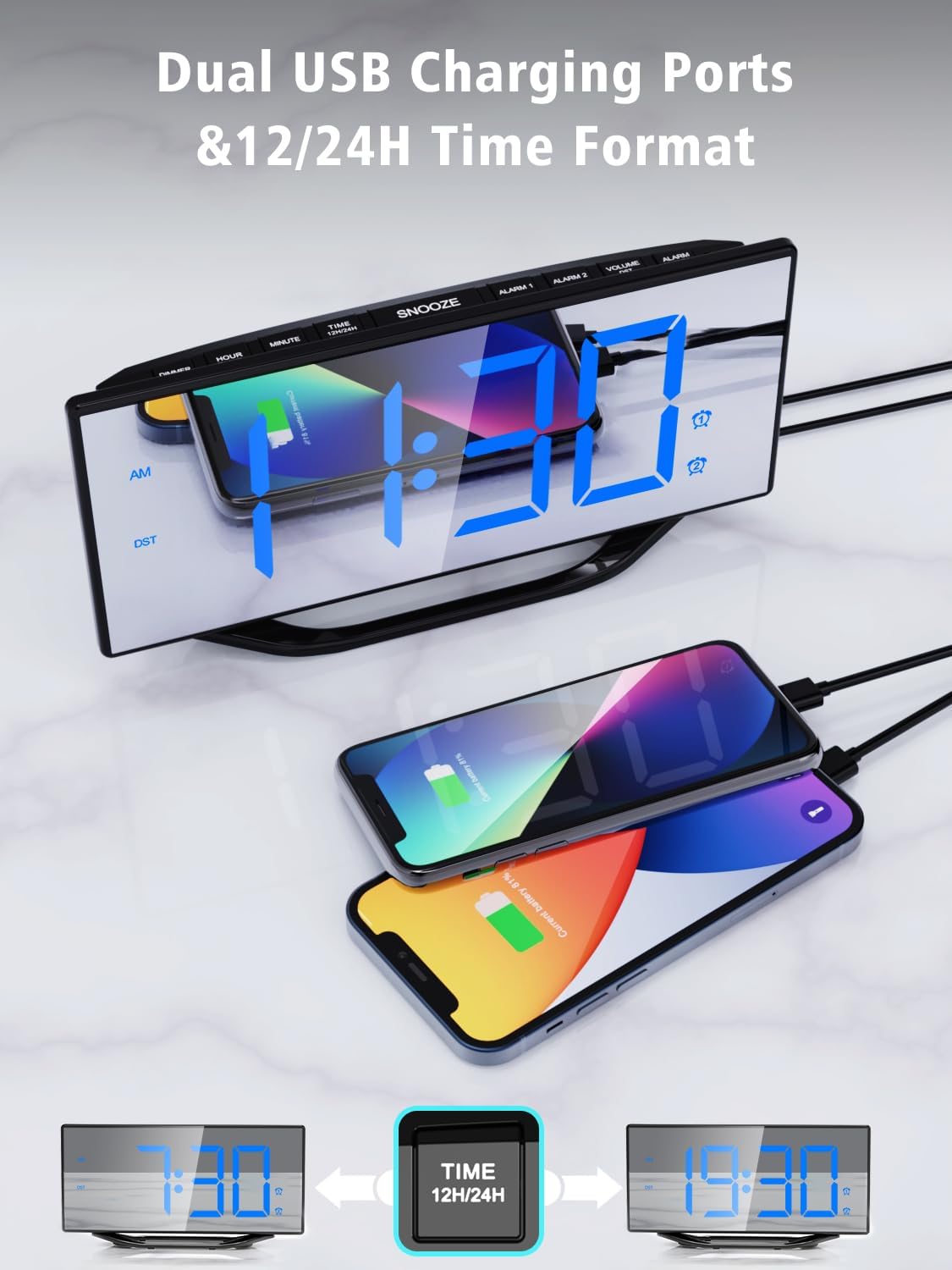 Luminellen-Large Mirror LED Digital Alarm Clock with Dual USB Charging and Adjustable Brightness