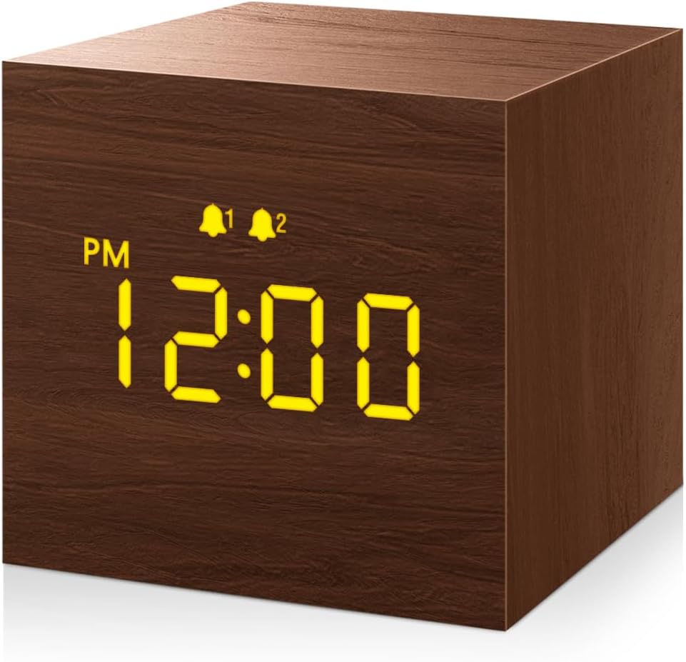 Luminellen-Wooden Cube Digital Alarm Clock LED Display USB Charging Port Adjustable Brightness Volume Desk Clock