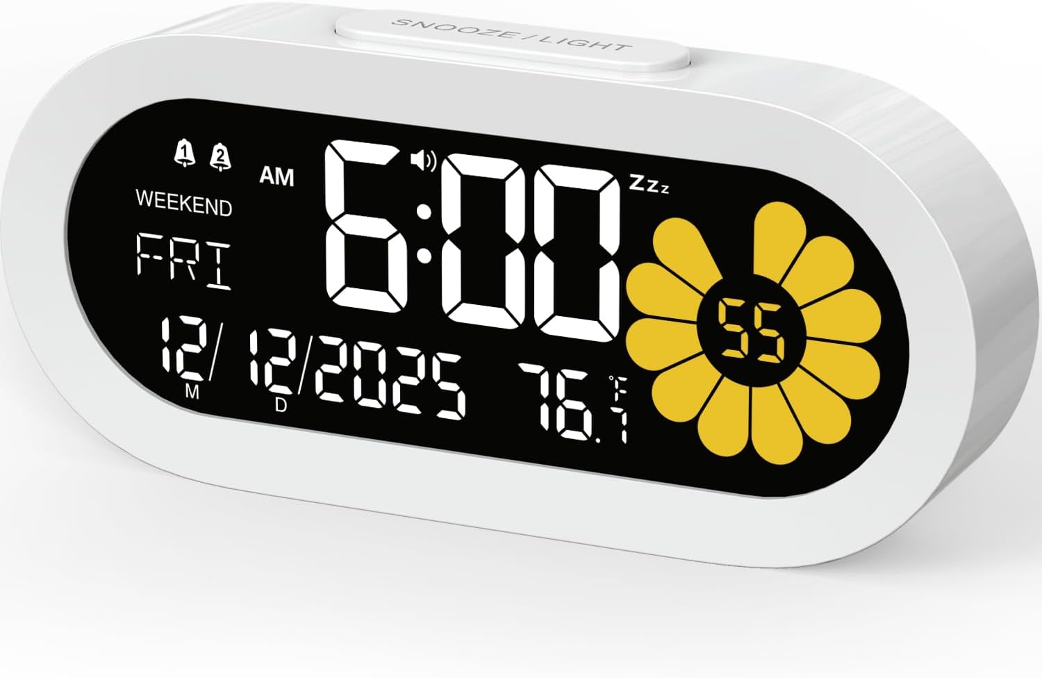 Luminellen-Digital Alarm Clock for Bedroom: Dual Alarm Bedside Clock VA LCD Display with Seconds, 9-Minute Snooze and Weekend Mode, 3 Brightness, 4 Alarms and 3 Volume Levels，Type C & Battery Included