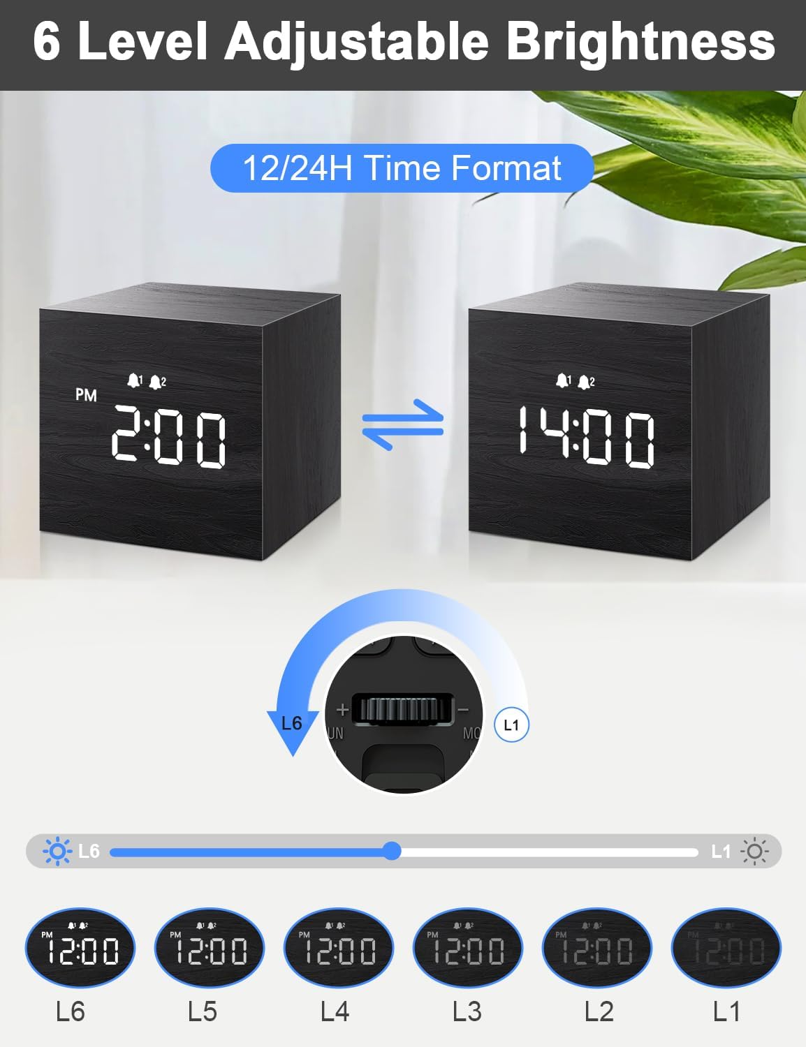 Luminellen-Wooden Cube Digital Alarm Clock LED Display USB Charging Port Adjustable Brightness Volume Desk Clock