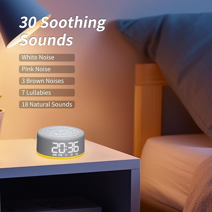 Luminellen-Sound Machine Alarm Clock Brown Noise White Noise Machine Night Light with Dual Alarms Backup Battery 30 Sleeping Sounds for Baby Kids Adults 32 Level Volume 5 Timers 15 Wake Up Sounds Memory Function