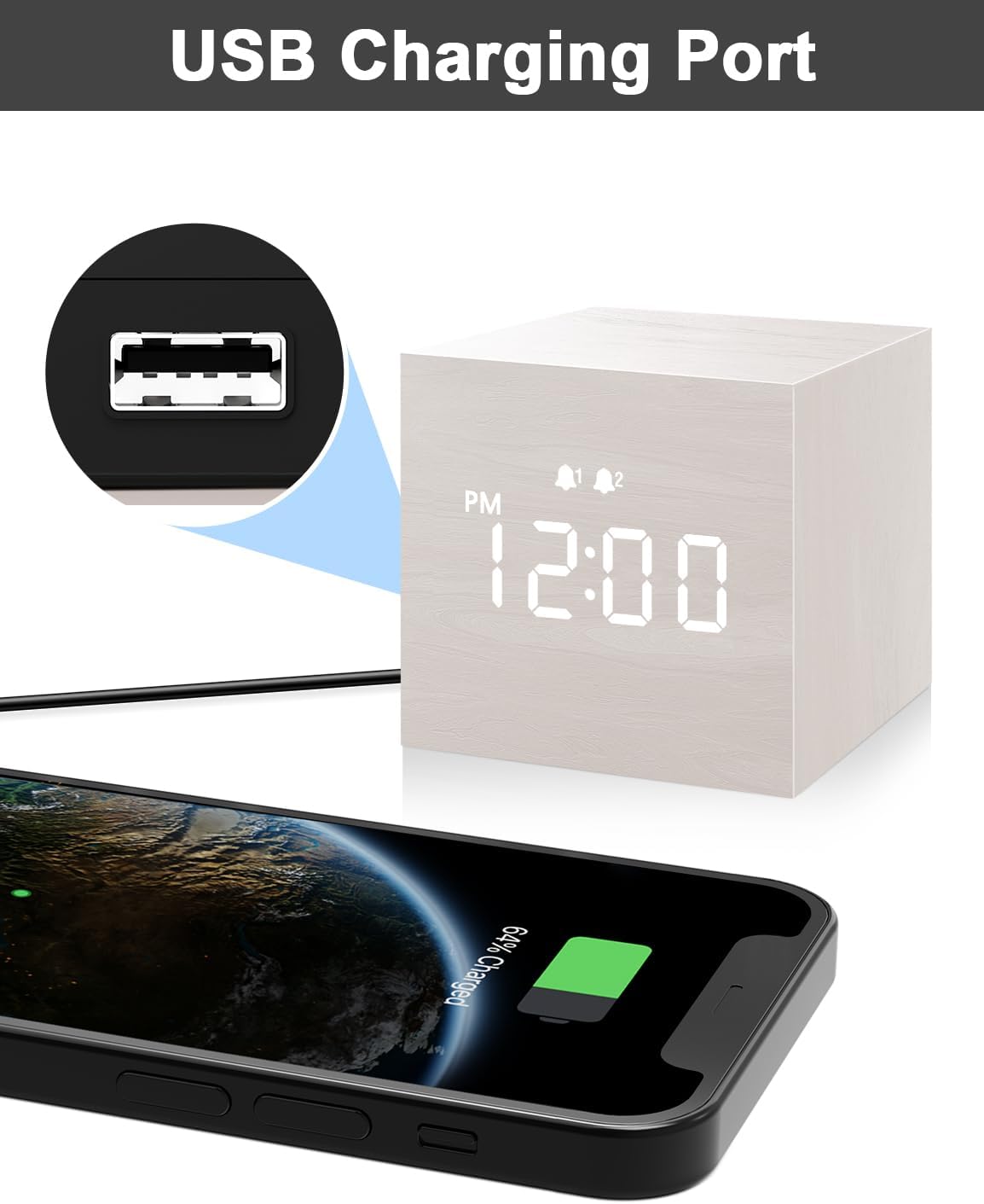 Luminellen-Wooden Cube Digital Alarm Clock LED Display USB Charging Port Adjustable Brightness Volume Desk Clock