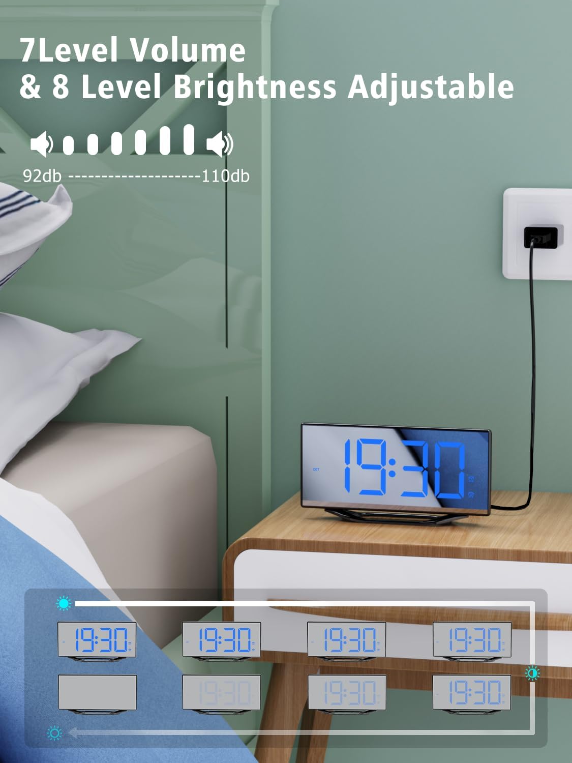 Luminellen-Large Mirror LED Digital Alarm Clock with Dual USB Charging and Adjustable Brightness