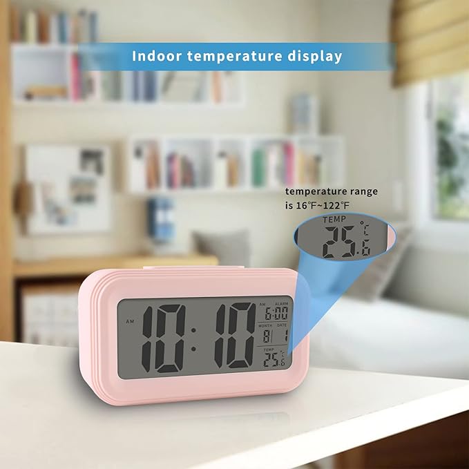 Luminellen-Digital Alarm Clock with Indoor Temperature, Battery Operated,Snooze Model,12/24H Display for Bedrooms Heavy Sleepers Kids Travel Bathroom Desk Smart Clock, Pink