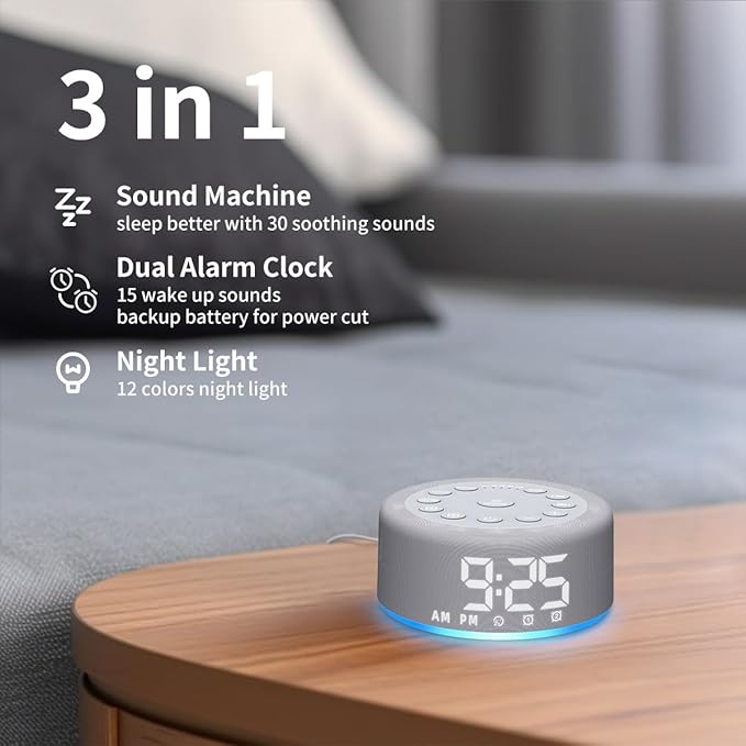 Luminellen-Sound Machine Alarm Clock Brown Noise White Noise Machine Night Light with Dual Alarms Backup Battery 30 Sleeping Sounds for Baby Kids Adults 32 Level Volume 5 Timers 15 Wake Up Sounds Memory Function