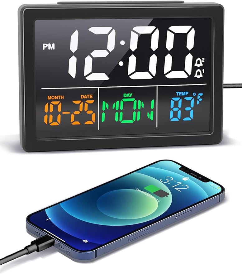 Luminellen-Digital Alarm Clock, with 5.5" Large LED Time Display, Adjustable Alarm Volume, 6 Level Brightness, Alarm Settings, USB Charger, Temperature Detect, Snooze, Clocks for Bedroom, Bedside, Desk, Black