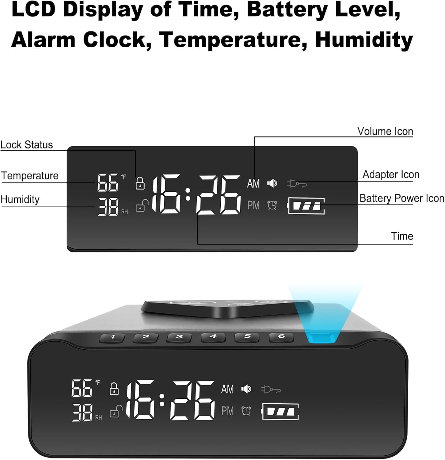 Luminellen-Wireless Charging Alarm Clock with Drawer Storage LCD Display Temperature Humidity Bedside Charging Station