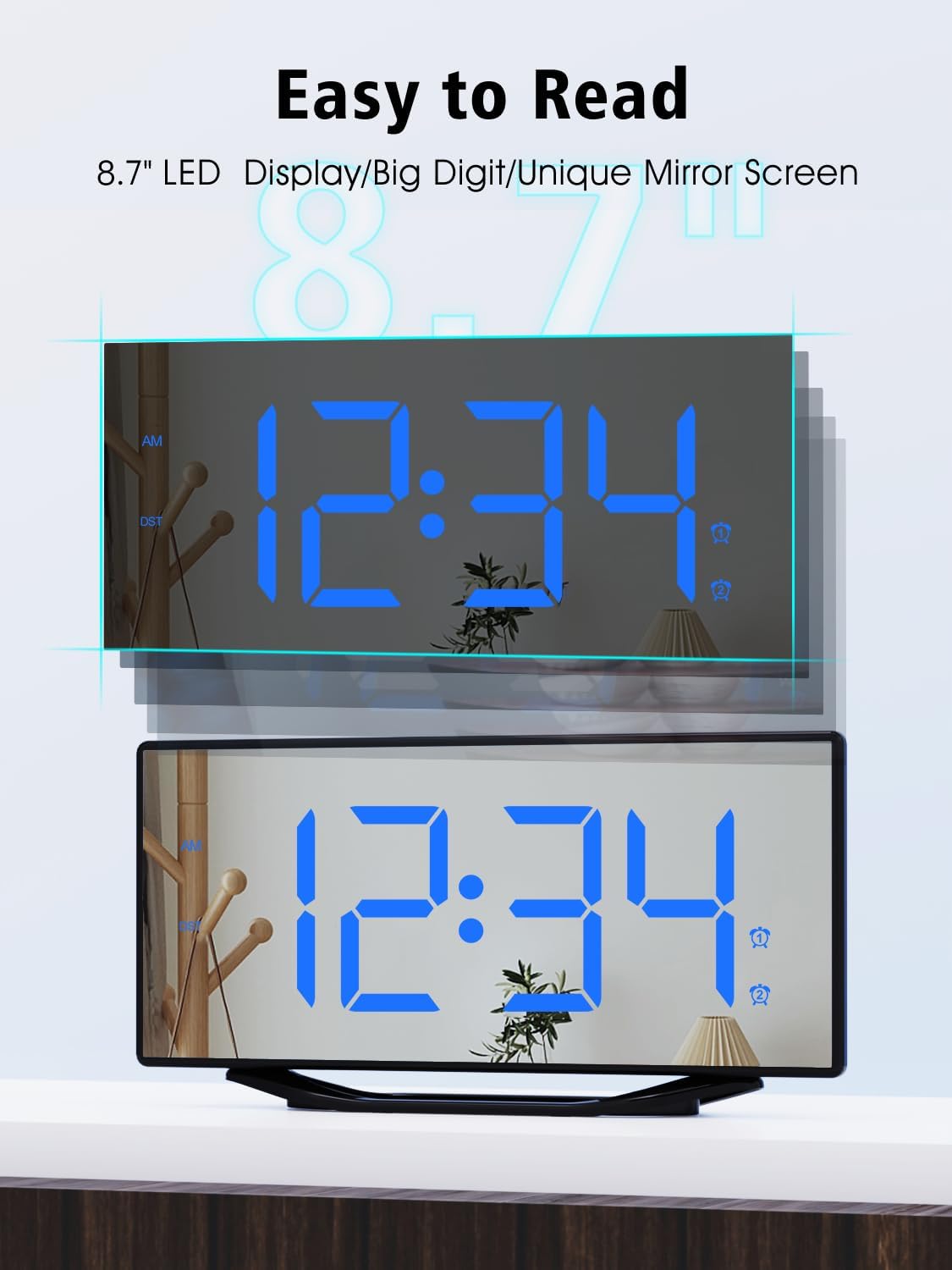 Luminellen-Large Mirror LED Digital Alarm Clock with Dual USB Charging and Adjustable Brightness