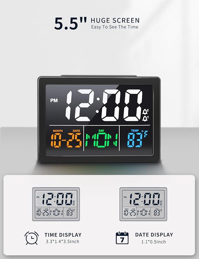 Luminellen-Digital Alarm Clock, with 5.5" Large LED Time Display, Adjustable Alarm Volume, 6 Level Brightness, Alarm Settings, USB Charger, Temperature Detect, Snooze, Clocks for Bedroom, Bedside, Desk, Black