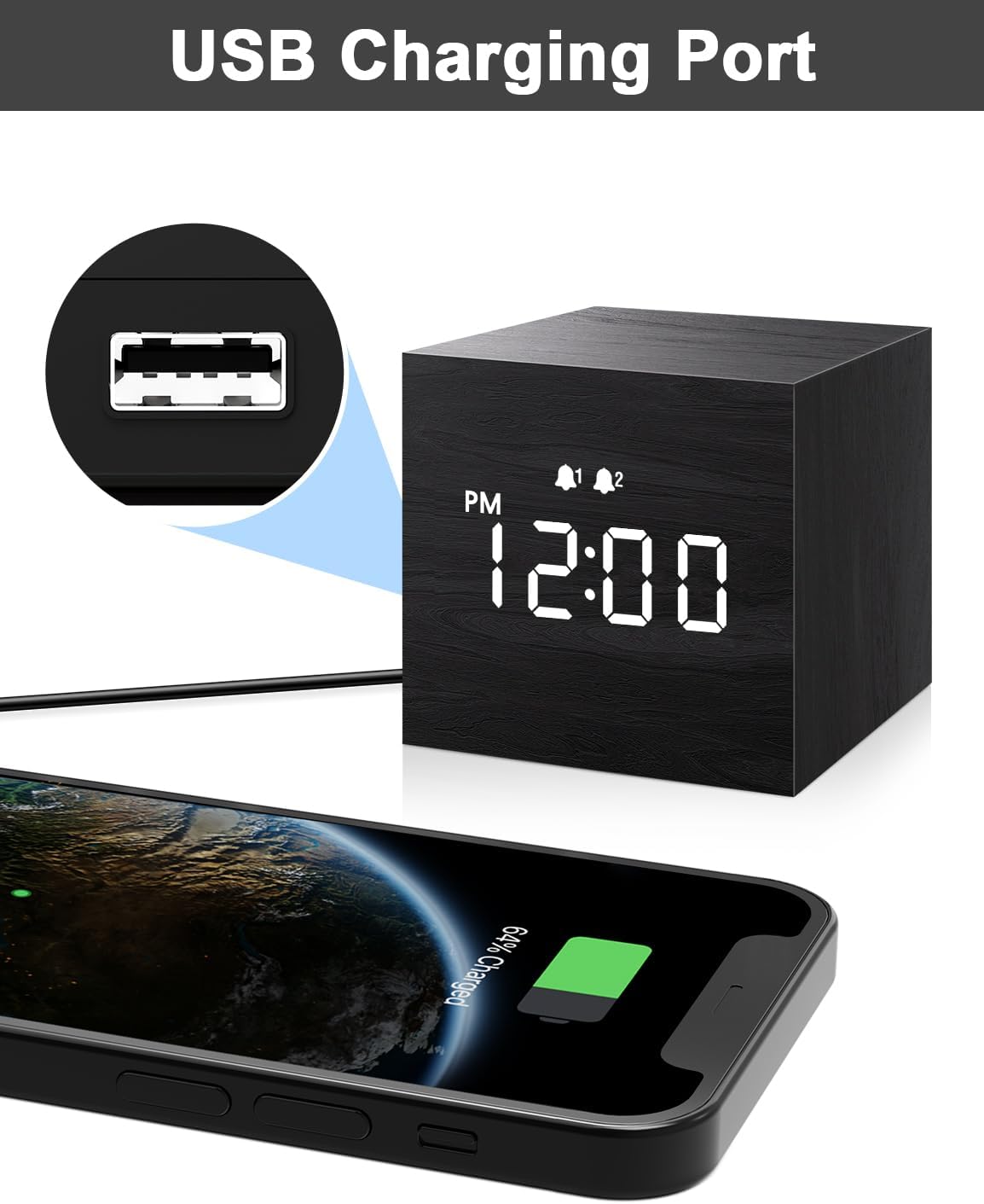 Luminellen-Wooden Cube Digital Alarm Clock LED Display USB Charging Port Adjustable Brightness Volume Desk Clock