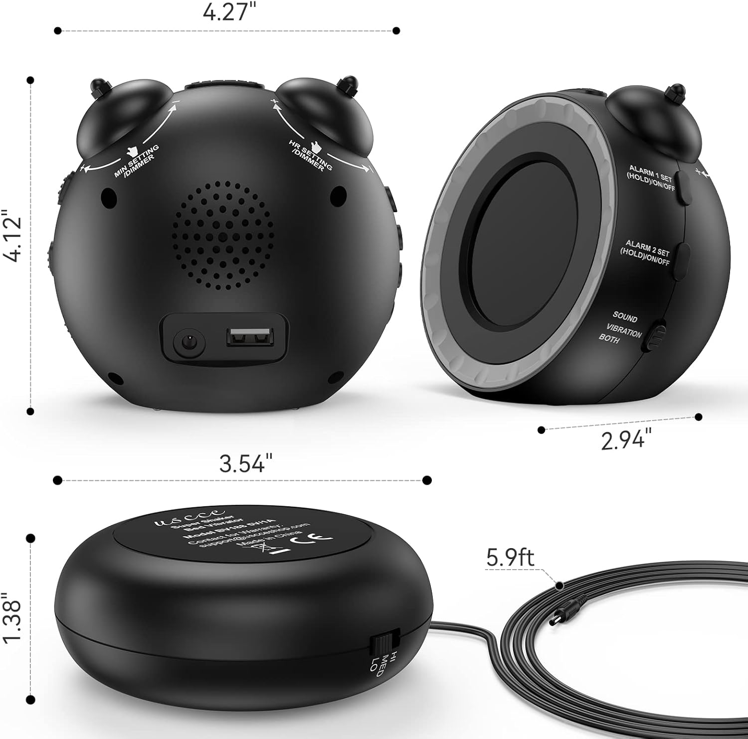 Luminellen-Vibrating Alarm Clock with Bed Shaker Dual Alarms Adjustable Brightness