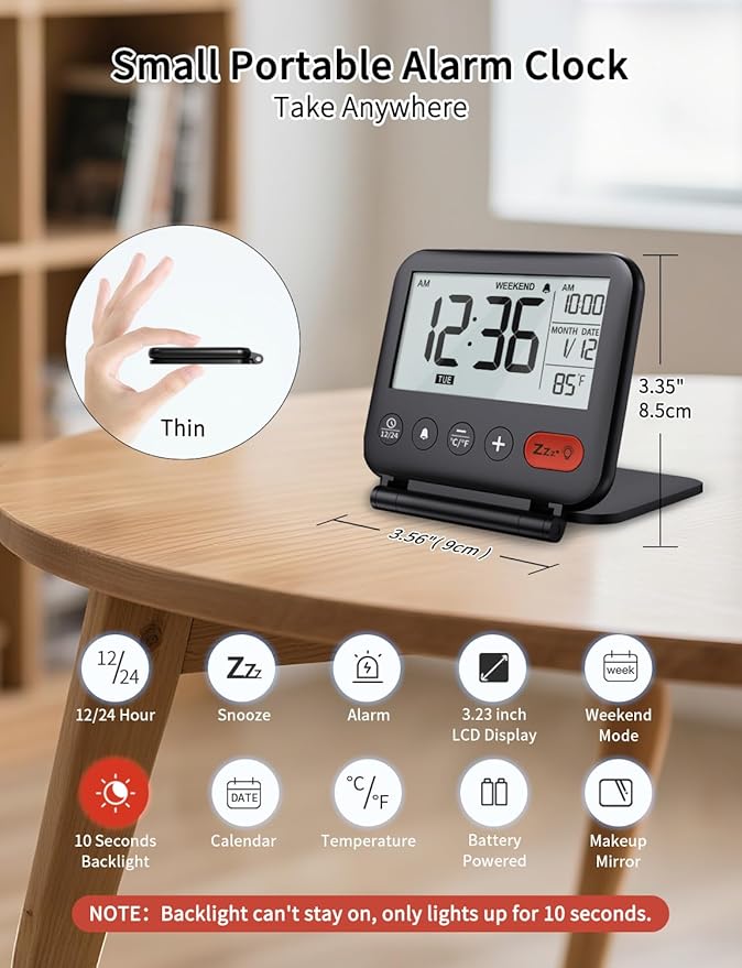 Luminellen-Digital Travel Alarm Clock for Bedroom Office: Small LCD Desk Clock with Backlight Date Temperature Snooze 12/24H Weekend Mode and Mirror, Battery Powered Folding Bedside Clock for Adult Kids