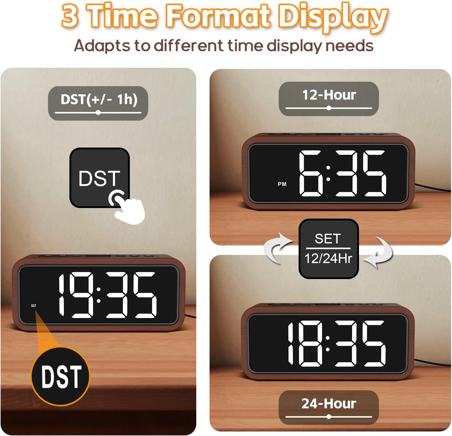Luminellen-Wooden Alarm Clock, Loud Digital Plug-in Clock with 5 Volumes, 12 Ringtones, Manual DST, Snooze for Heavy Sleepers Bedroom Bedside Living Room Office Wood Decor