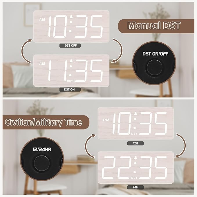 Luminellen-Wooden Digital Alarm Clock for Bedroom - Desk Clock for Living Room with Large Numbers, Dimmer, Loud Alarm for Heavy Sleepers with Volume Control, DST, Office Wood Decor (Plug in Clock)