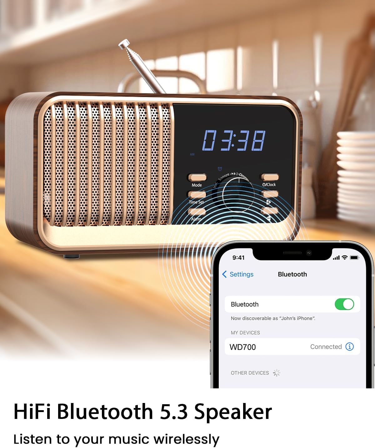 Luminellen-Retro Wooden Wireless Charging Bluetooth Speaker Alarm Clock HiFi Desk Radio