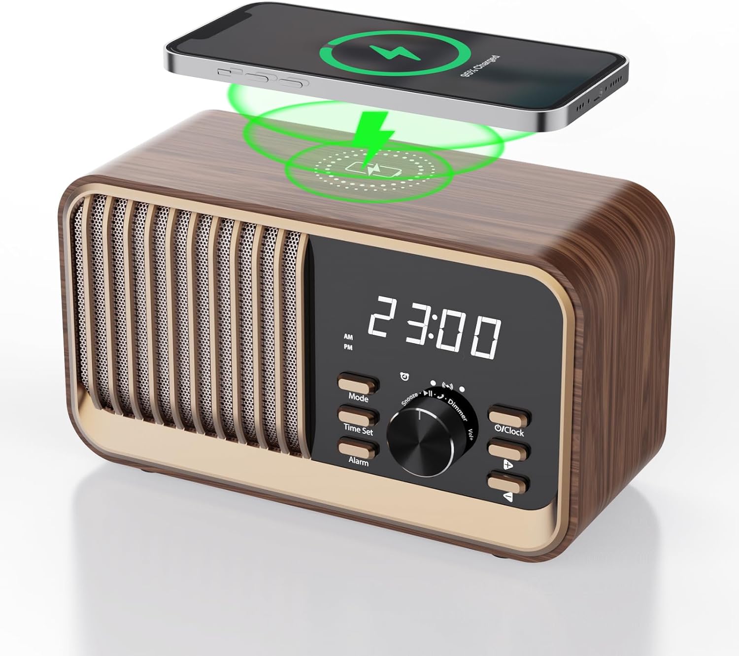 Luminellen-Retro Wooden Wireless Charging Bluetooth Speaker Alarm Clock HiFi Desk Radio