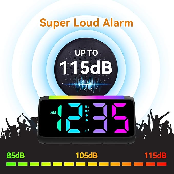 Luminellen-Super Loud Alarm Clocks for Heavy Sleepers, Digital Alarm Clocks for Bedrooms with RGB Night Light, Rainbow Time, Dual Alarm, Snooze, Plug-in (Black)
