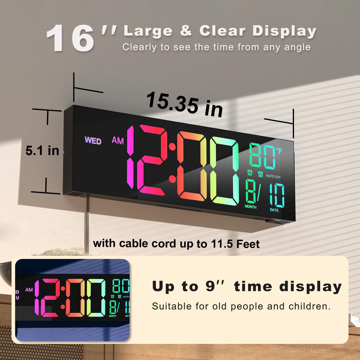 Luminellen-16" Large Digital Wall Mount Clock, Count Down Timer, Alarm, Big LED, 8 RGB Color, DST, Temperature for Living Room Classroom Desk, Xmas, Birthday Gift for Senior Mom Dad (Black, 16 inches)